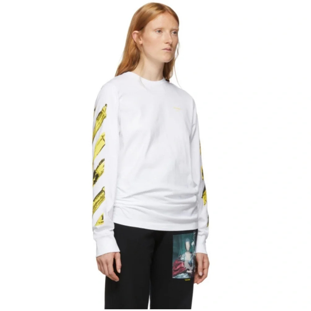 Authentic Off-White White and Yellow Painted Arrows Long Sleeve T-Shirt sz XS